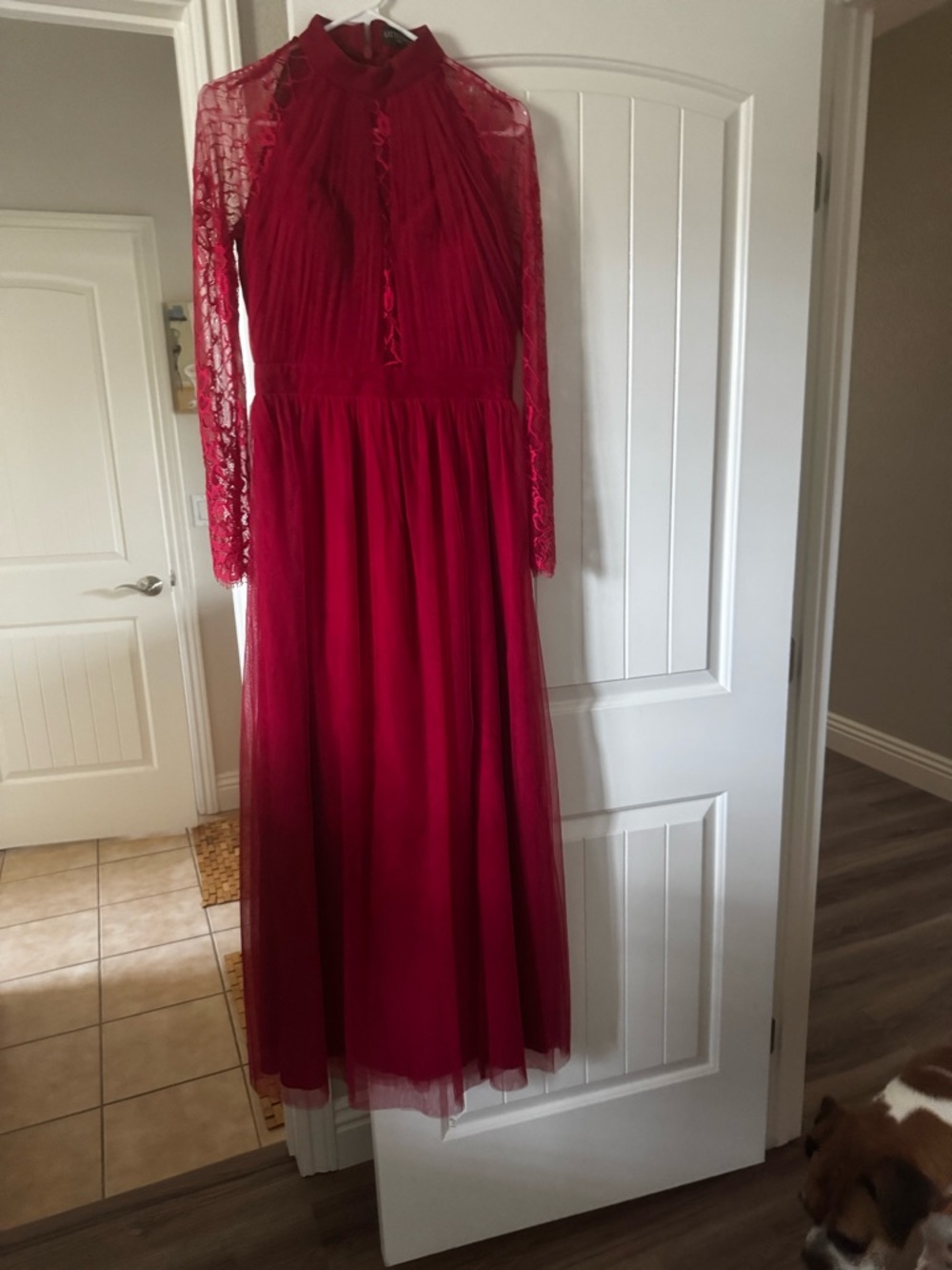 Elegant Red Lace Maxi Dress with Sheer Sleeves